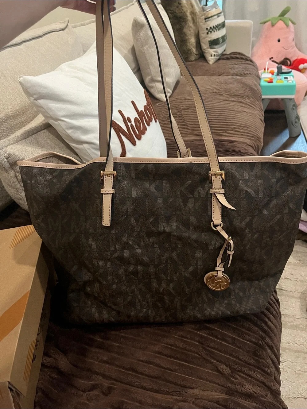 Michael Kors Brown Monogram Tote with Cream Trim and Gold Charm